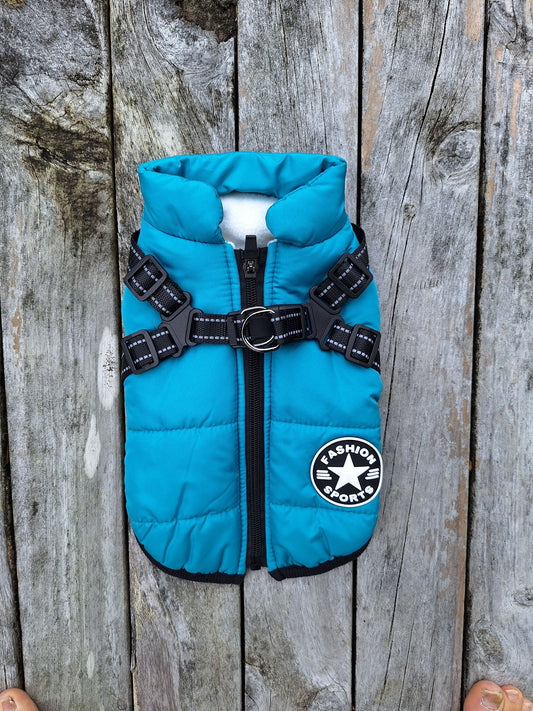 VPET: Waterproof Puffer Jacket with Harness - Bright Blue