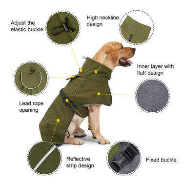 Dog Raincoat Fleece Lined Waterproof - Army Green